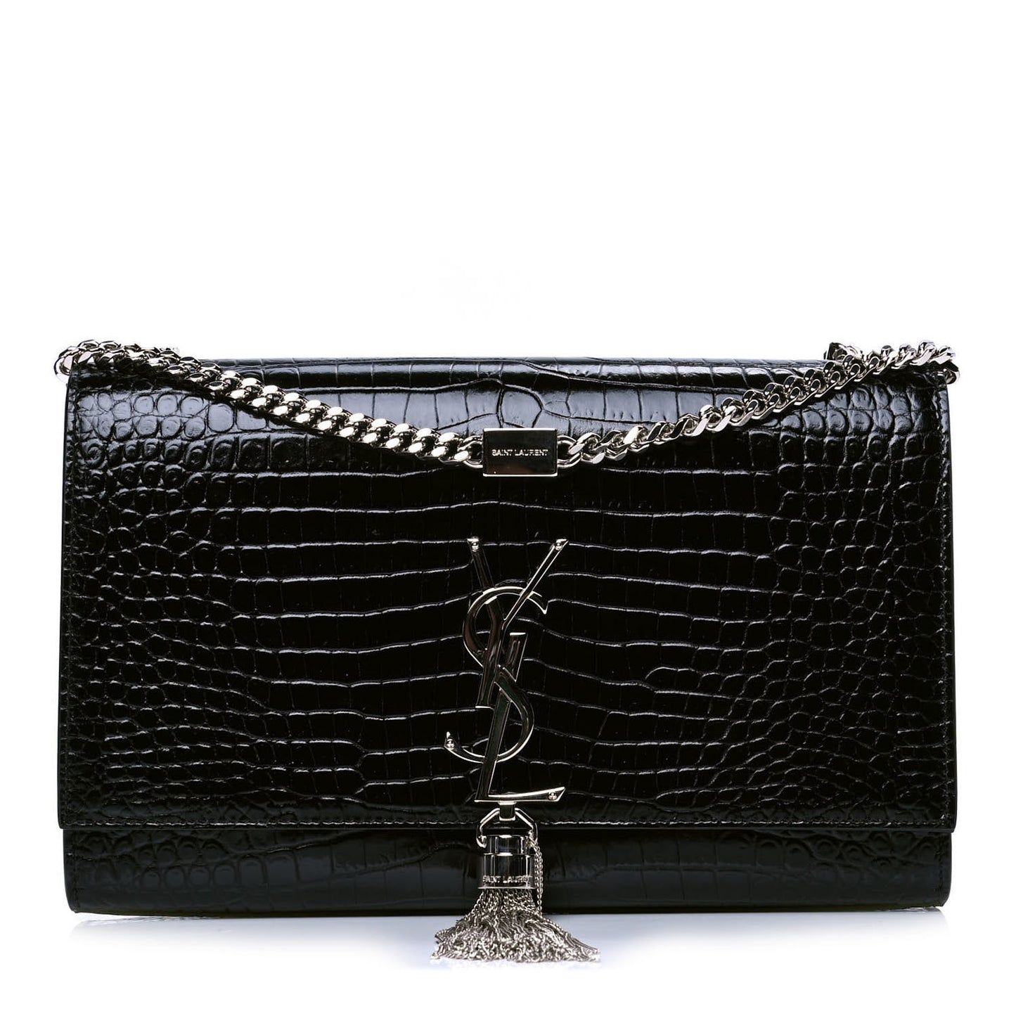 Calfskin Crocodile Embossed Medium Classic Monogram Kate Tassel Satchel Black
