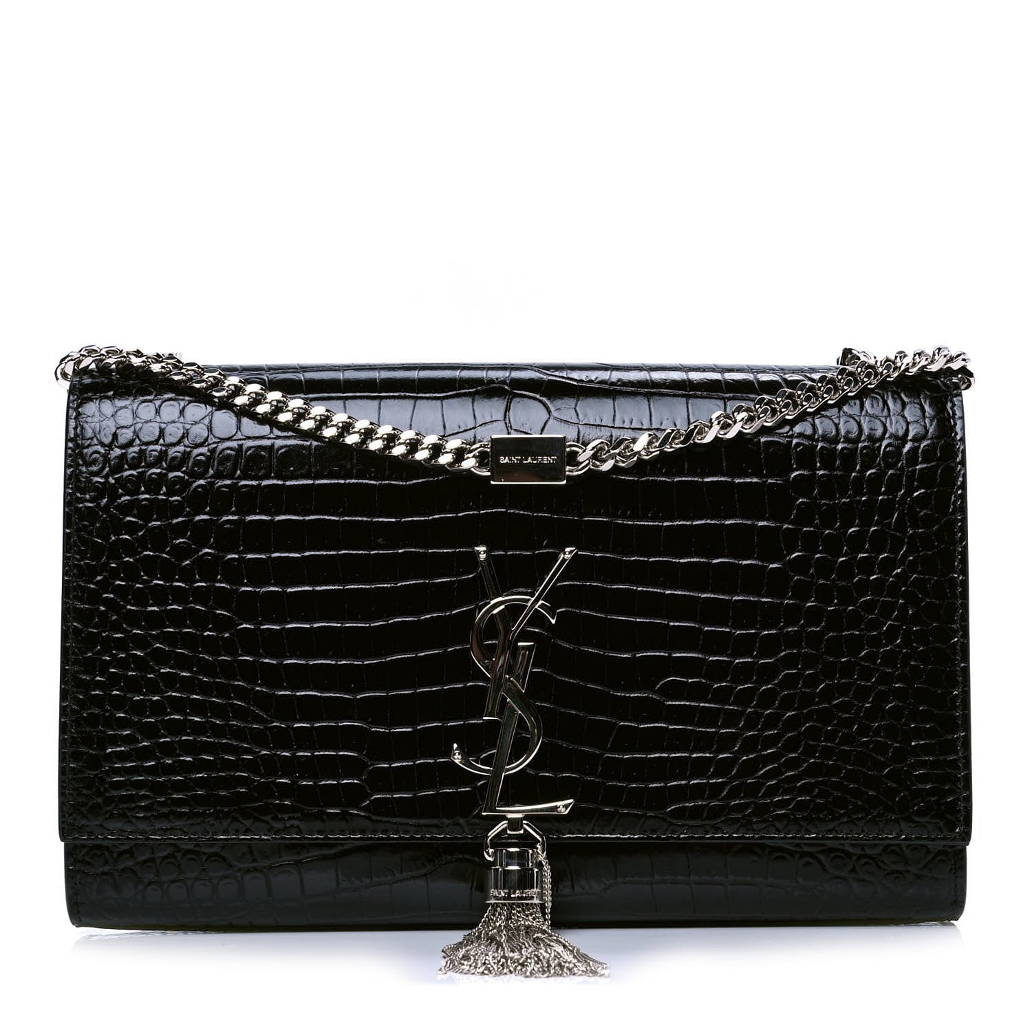 Saint Laurent Calfskin Crocodile Embossed Medium Classic Monogram Kate Tassel Satchel Black 1 of 5