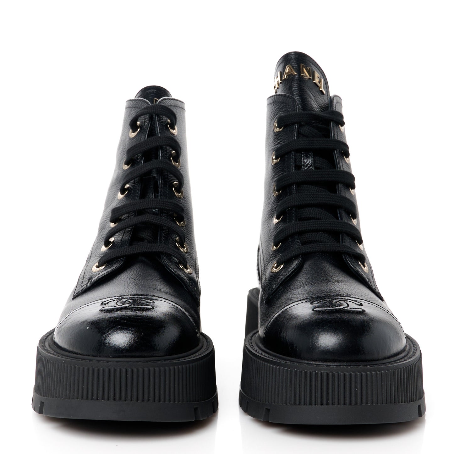 Grained Calfskin Shiny Calfskin CC Lace Up Combat Boots 39 Black