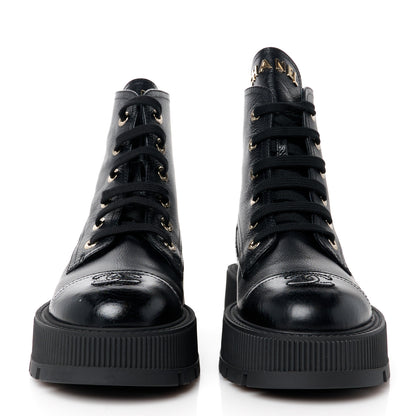 Chanel Grained Calfskin Shiny Calfskin CC Lace Up Combat Boots 39 Black 2 of 10