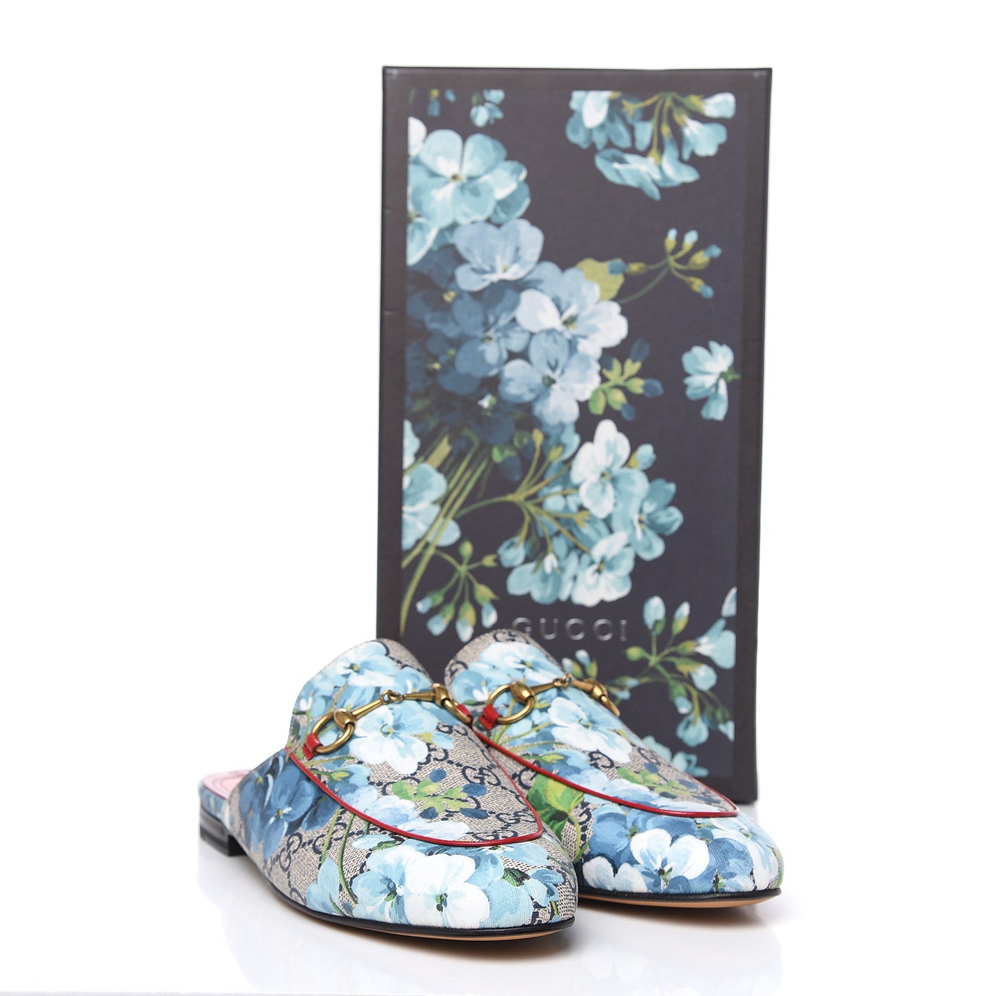 GG Supreme Monogram Blooms Womens Princetown Slippers 39 Beige Blue Navy Hibiscus Red