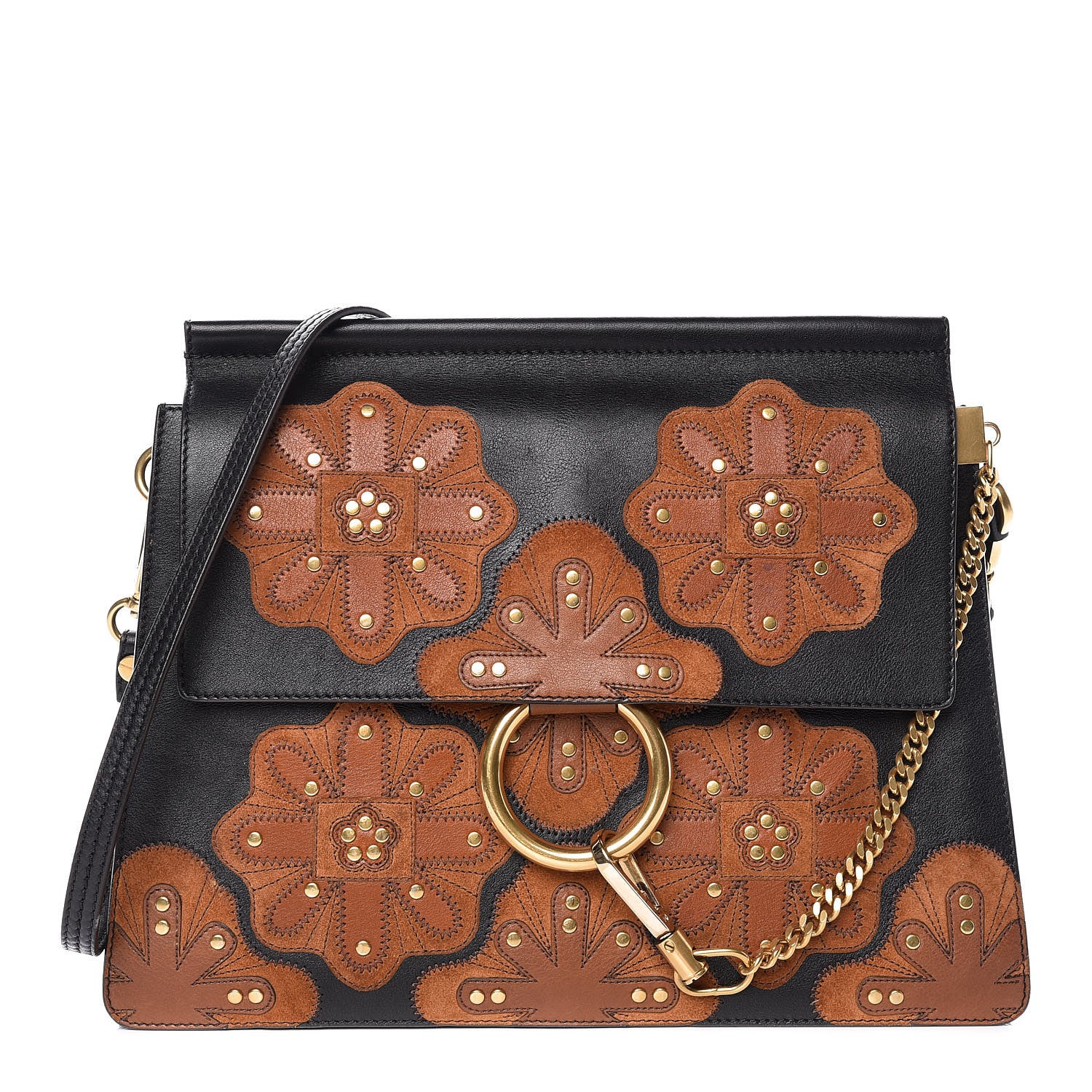 Chloe Calfskin Floral Patchwork Medium Faye Shoulder Bag Black Brown 1 of 16