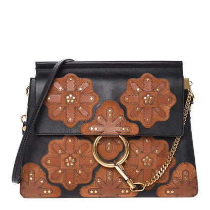 Chloe Calfskin Floral Patchwork Medium Faye Shoulder Bag Black Brown 1 of 16