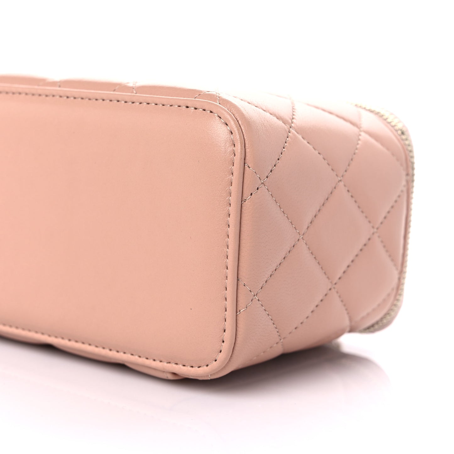Lambskin Quilted Small Top Handle Vanity Case With Chain Beige