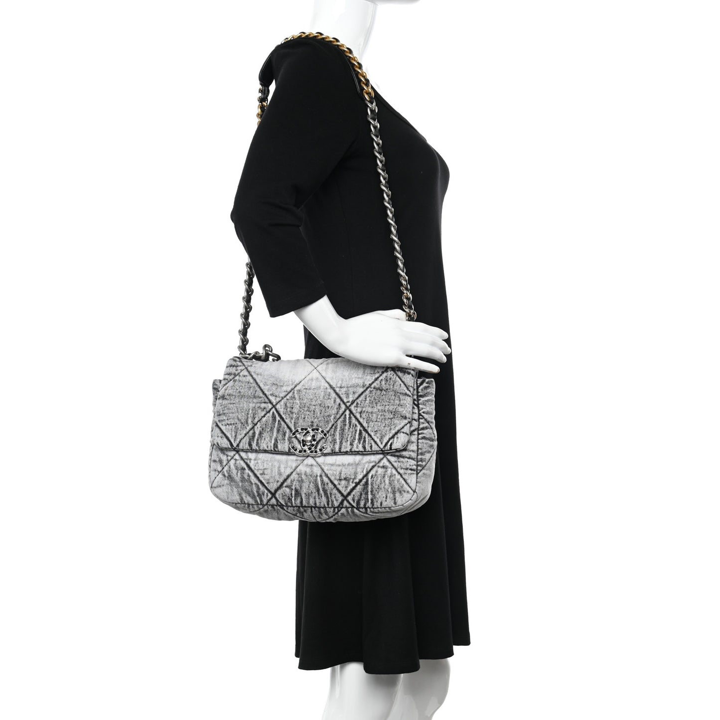 Washed Denim Quilted Medium Chanel 19 Flap Black White