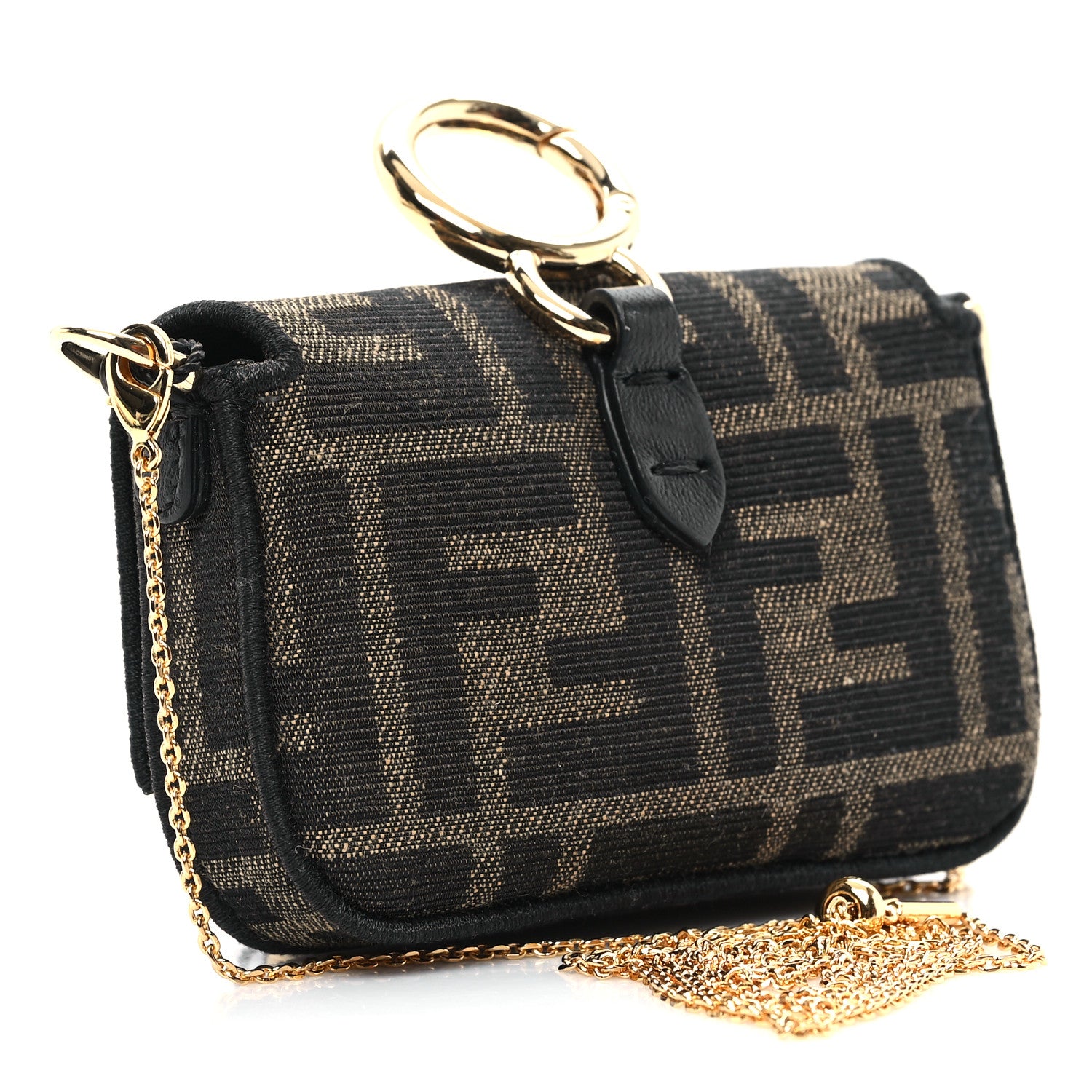 Fendi Fabric Jacquard FF 1974 Nano Maxi Buckle Baguette Charm Tobacco Moro Black 3 of 11
