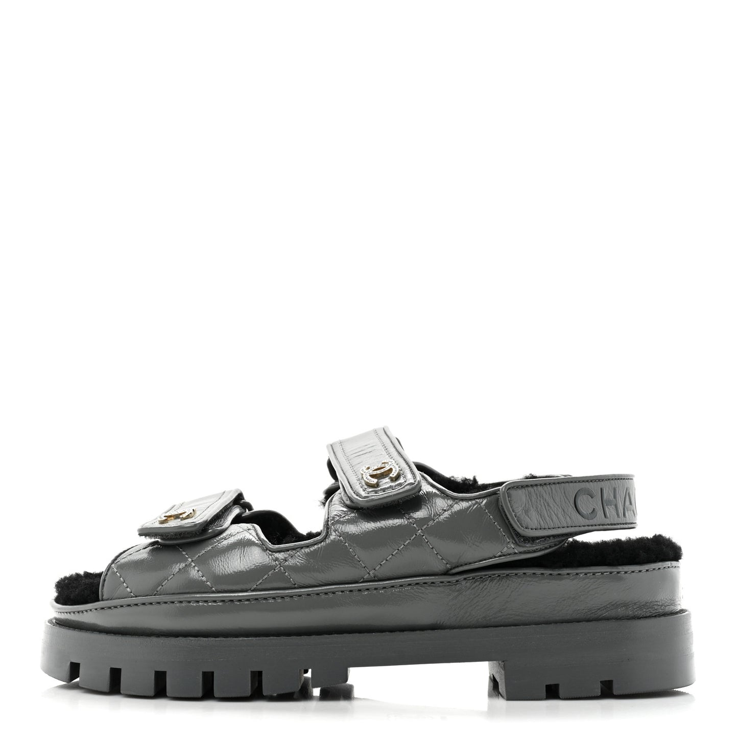 Laminated Lambskin Shearling Crystal CC Velcro Dad Platform Sandals 37 Dark Grey Black