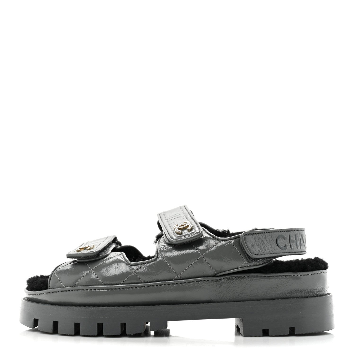 Chanel Laminated Lambskin Shearling Crystal CC Velcro Dad Platform Sandals 37 Dark Grey Black 1 of 8