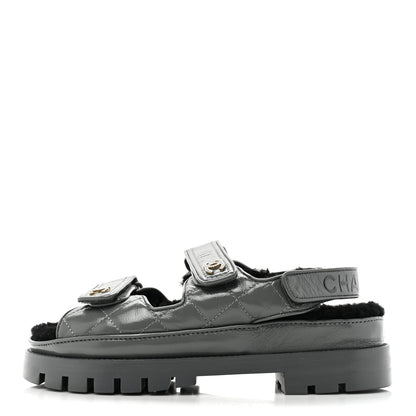 Chanel Laminated Lambskin Shearling Crystal CC Velcro Dad Platform Sandals 37 Dark Grey Black 1 of 8