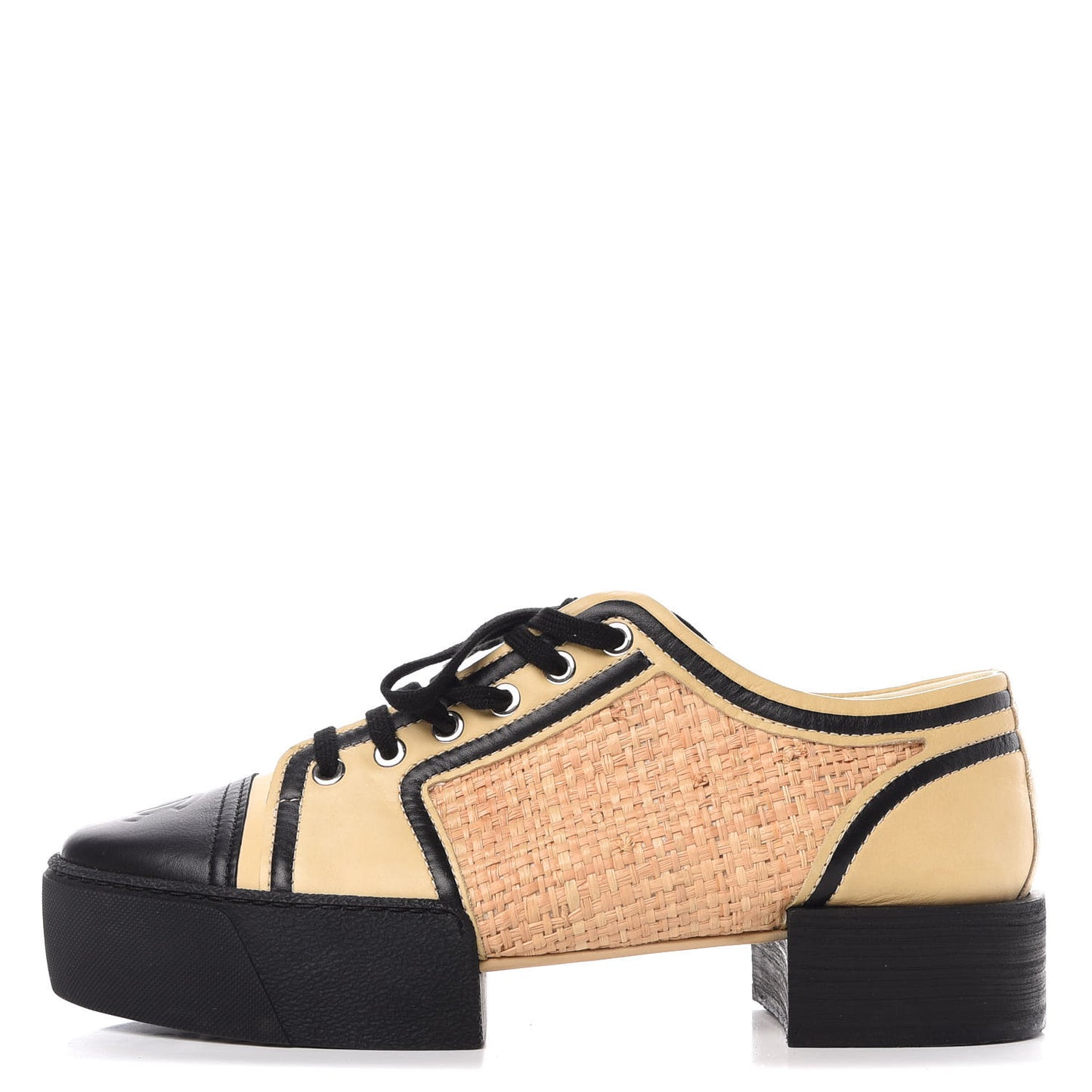 Straw Calfskin Lace Up Sneakers 41 Beige Black