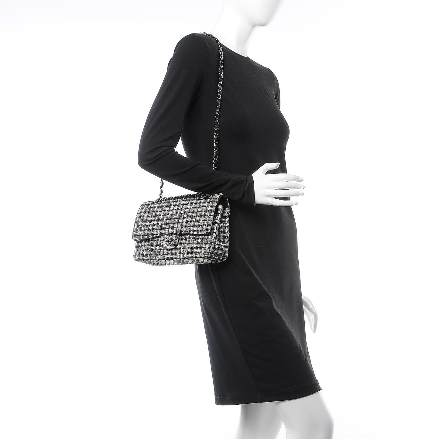 Tweed Medium Double Flap Black White