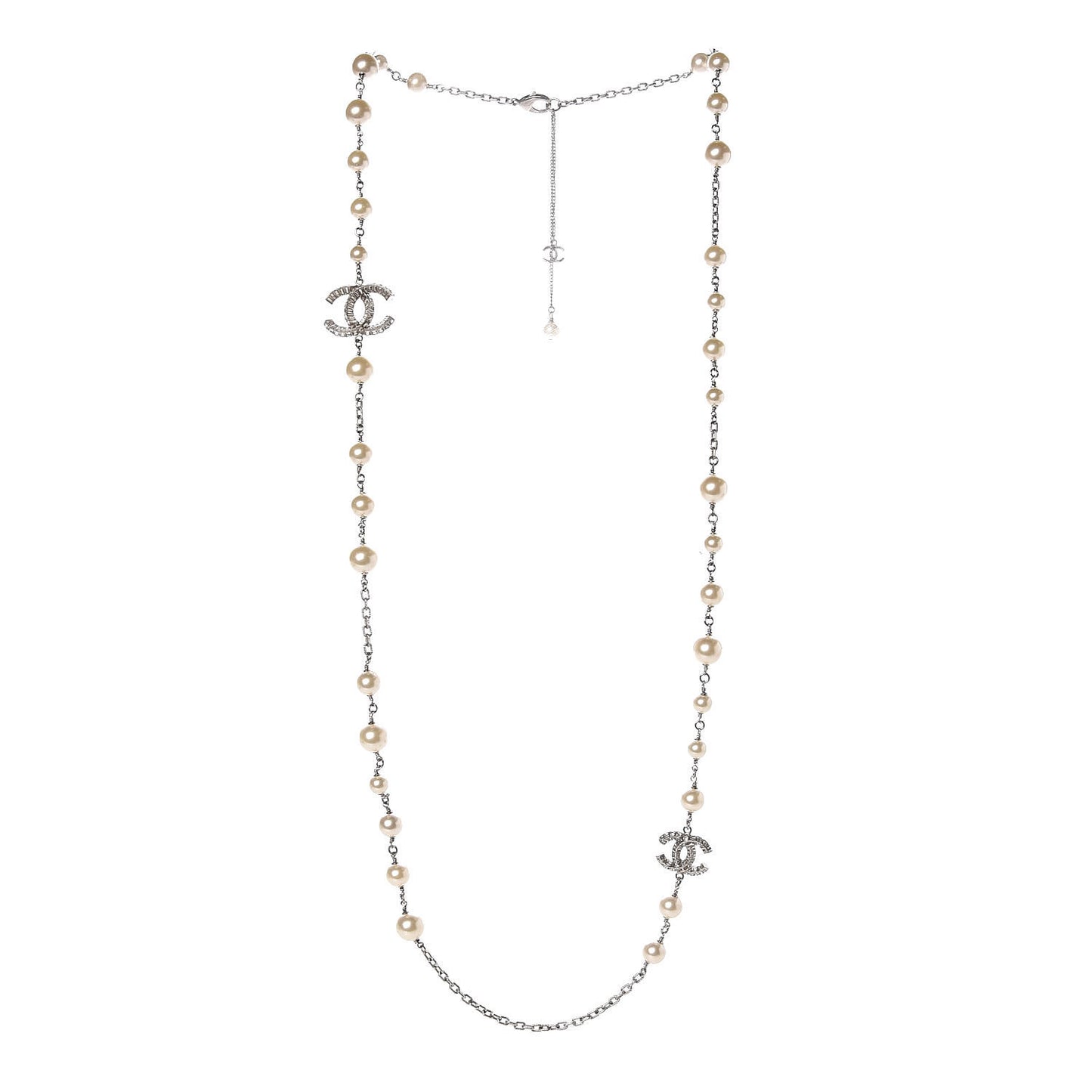 Crystal Pearl CC Long Necklace Silver