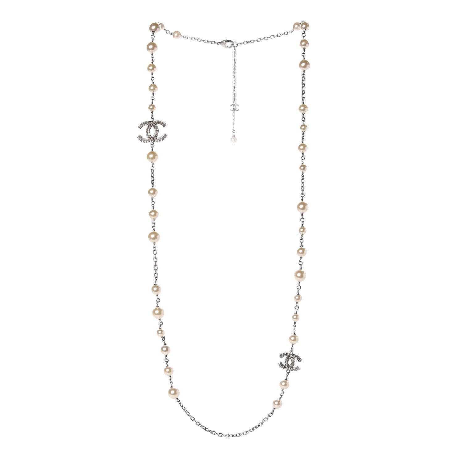 Chanel Crystal Pearl CC Long Necklace Silver 3 of 7