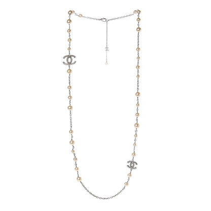 Chanel Crystal Pearl CC Long Necklace Silver 3 of 7