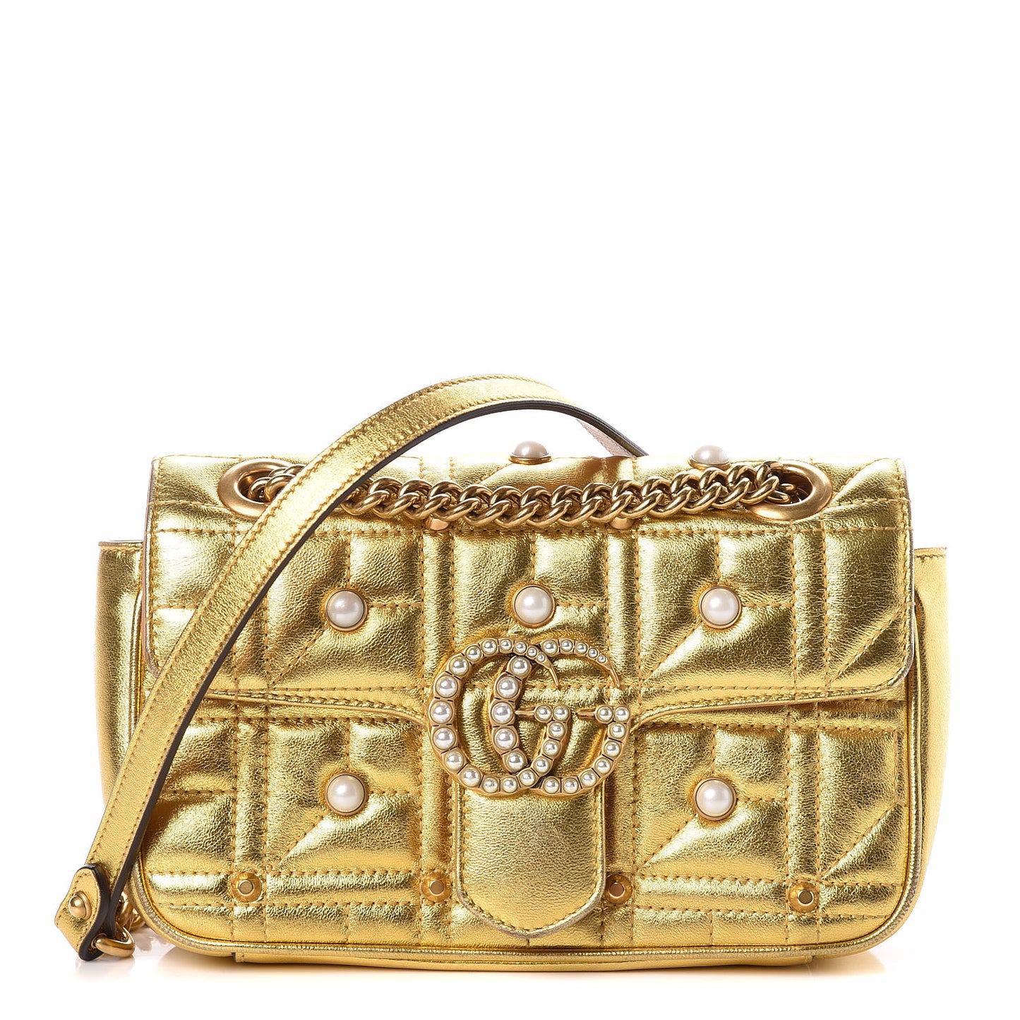 Metallic Calfskin Matelasse Studded Mini Pearly GG Marmont Shoulder Bag Gold