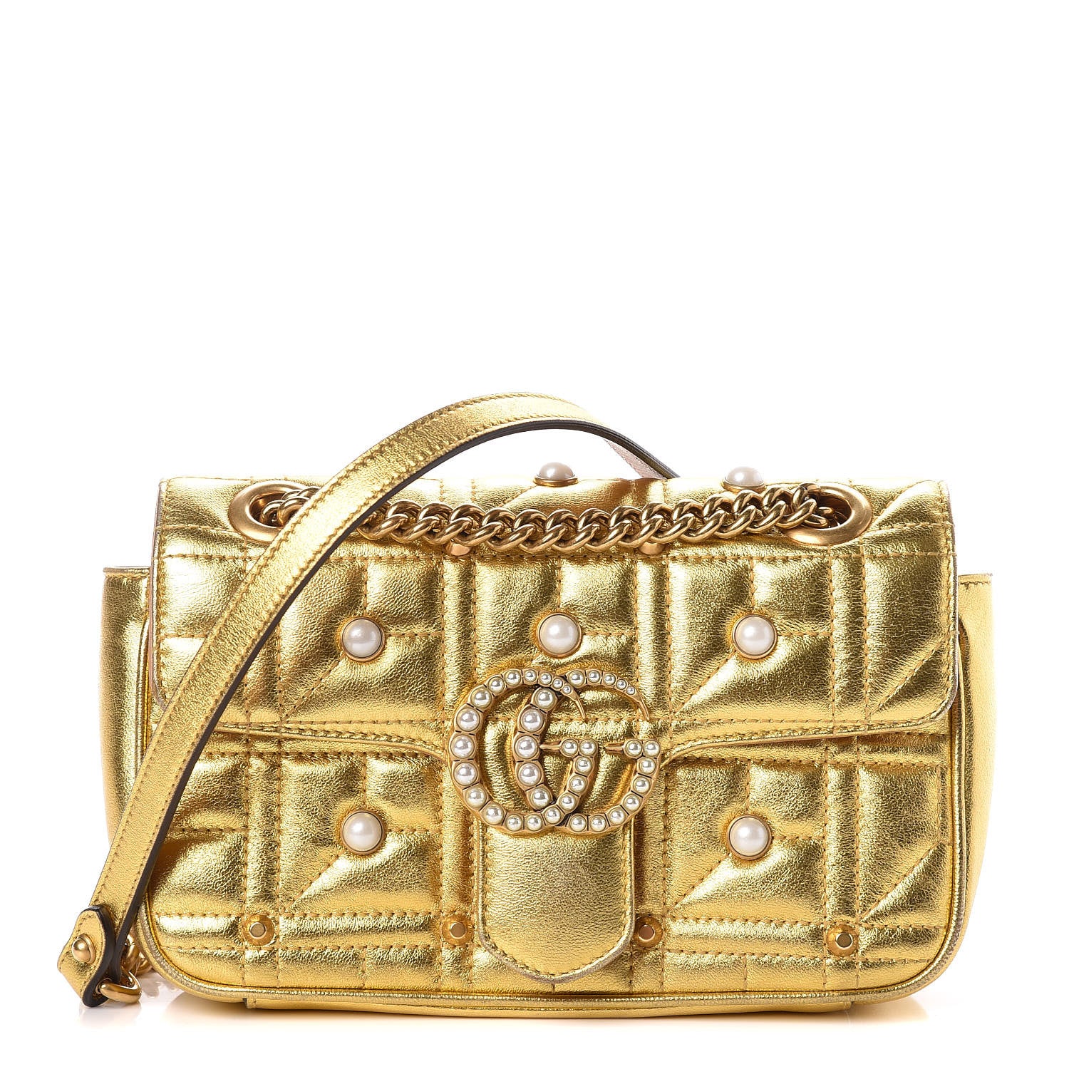 Gucci Metallic Calfskin Matelasse Studded Mini Pearly GG Marmont Shoulder Bag Gold 1 of 11