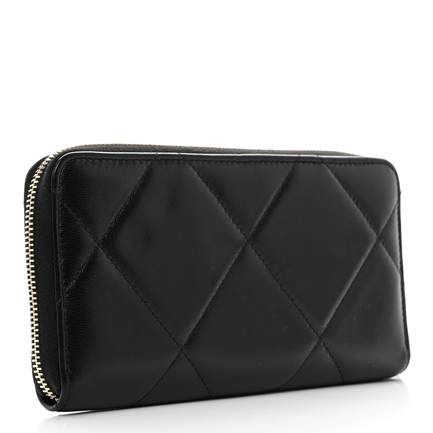 Shiny Goatskin Quilted Chanel 19 Long Zipped Around Wallet Black