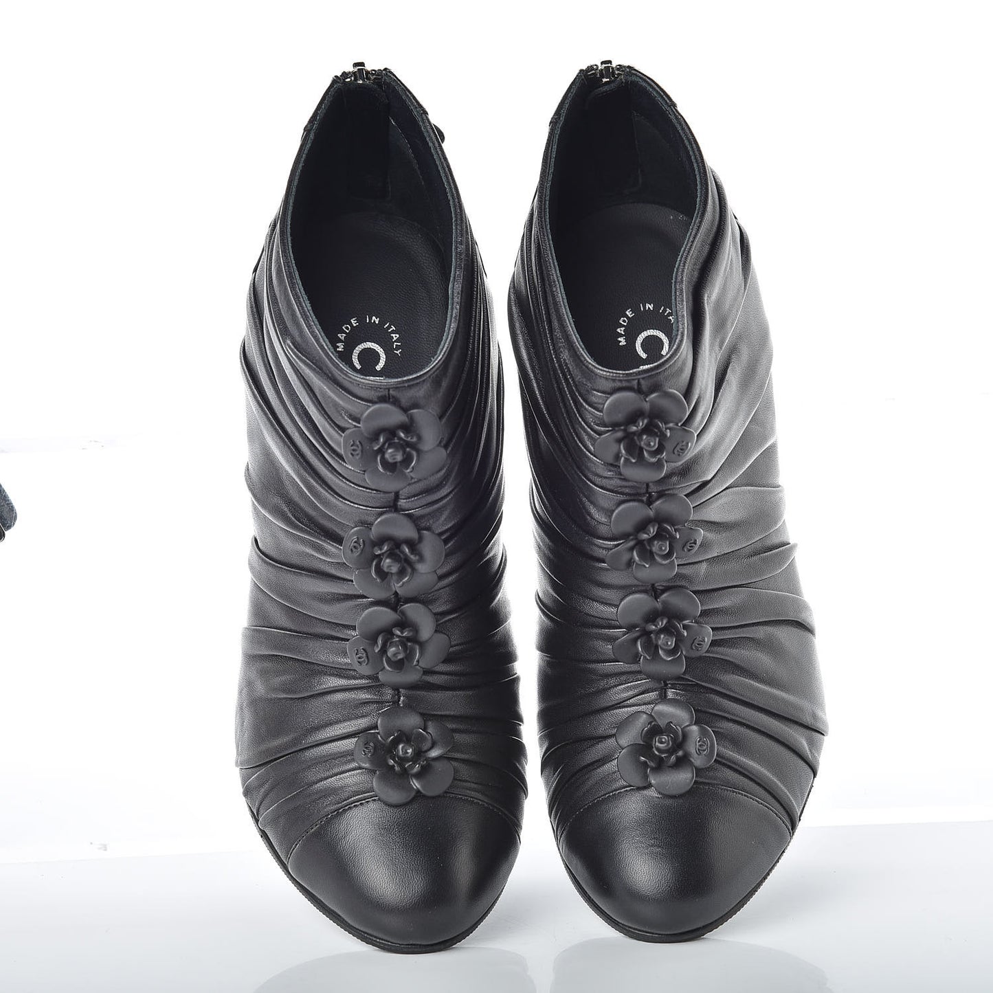 Calfskin Camellia Flowers Cap Toe Booties 36.5 Black