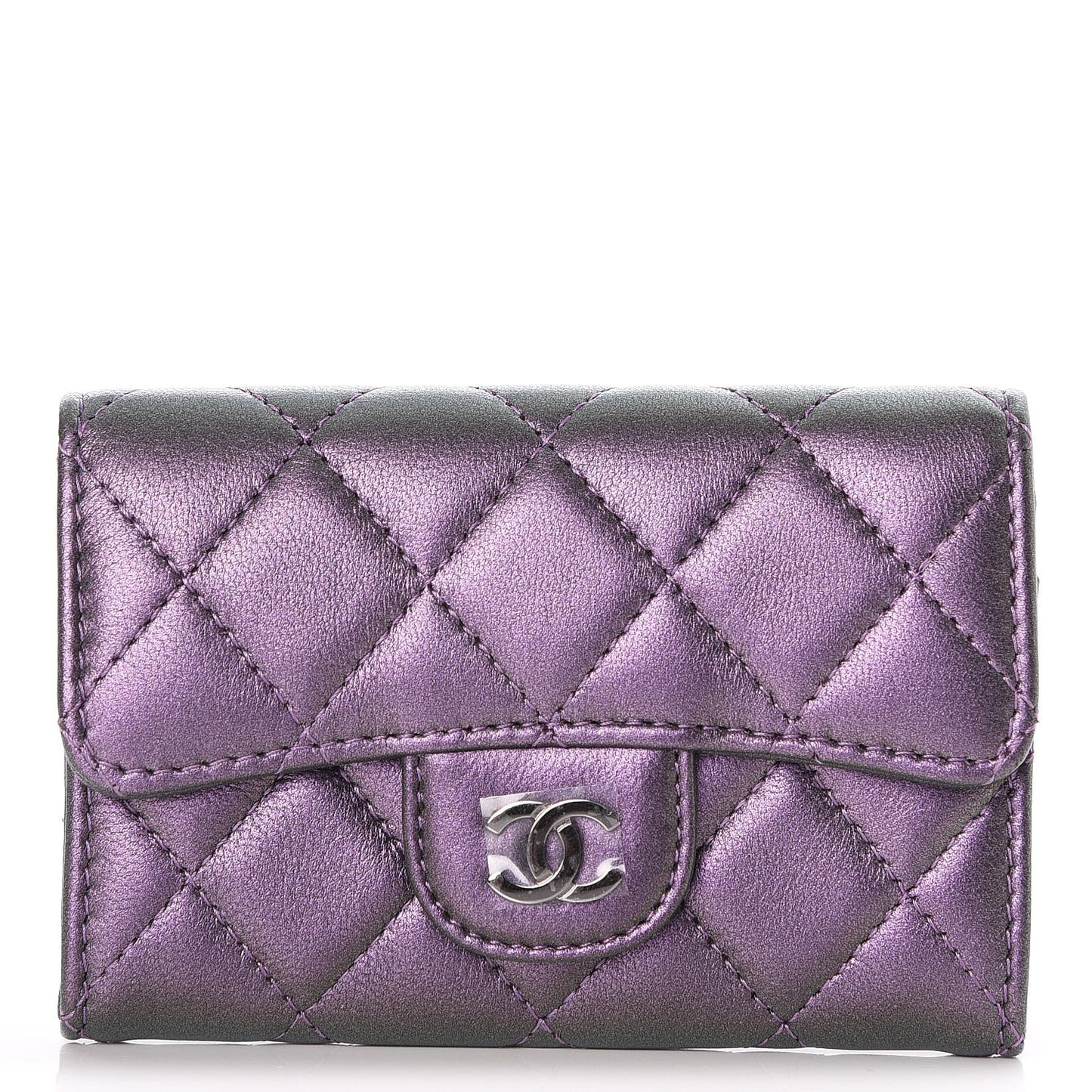 Metallic Lambskin Quilted Flap Card Holder Dark Purple
