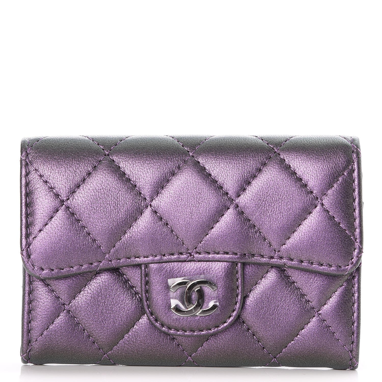 Chanel Metallic Lambskin Quilted Flap Card Holder Dark Purple 1 of 9