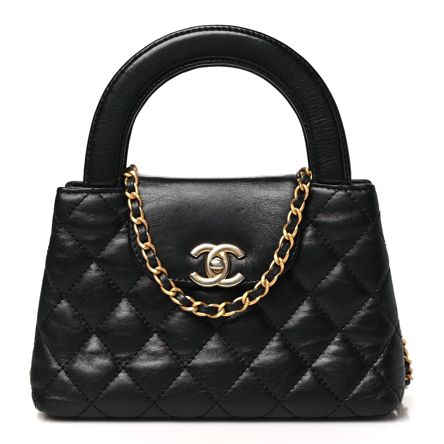 Shiny Aged Calfskin Quilted Nano Kelly Shopper Black