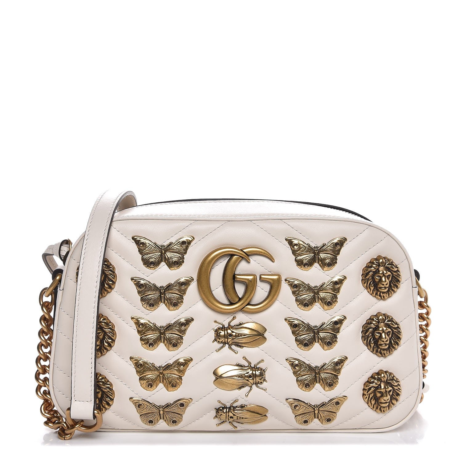 Gucci Calfskin Matelasse Animal Studs Small GG Marmont Chain Shoulder Bag White 1 of 7
