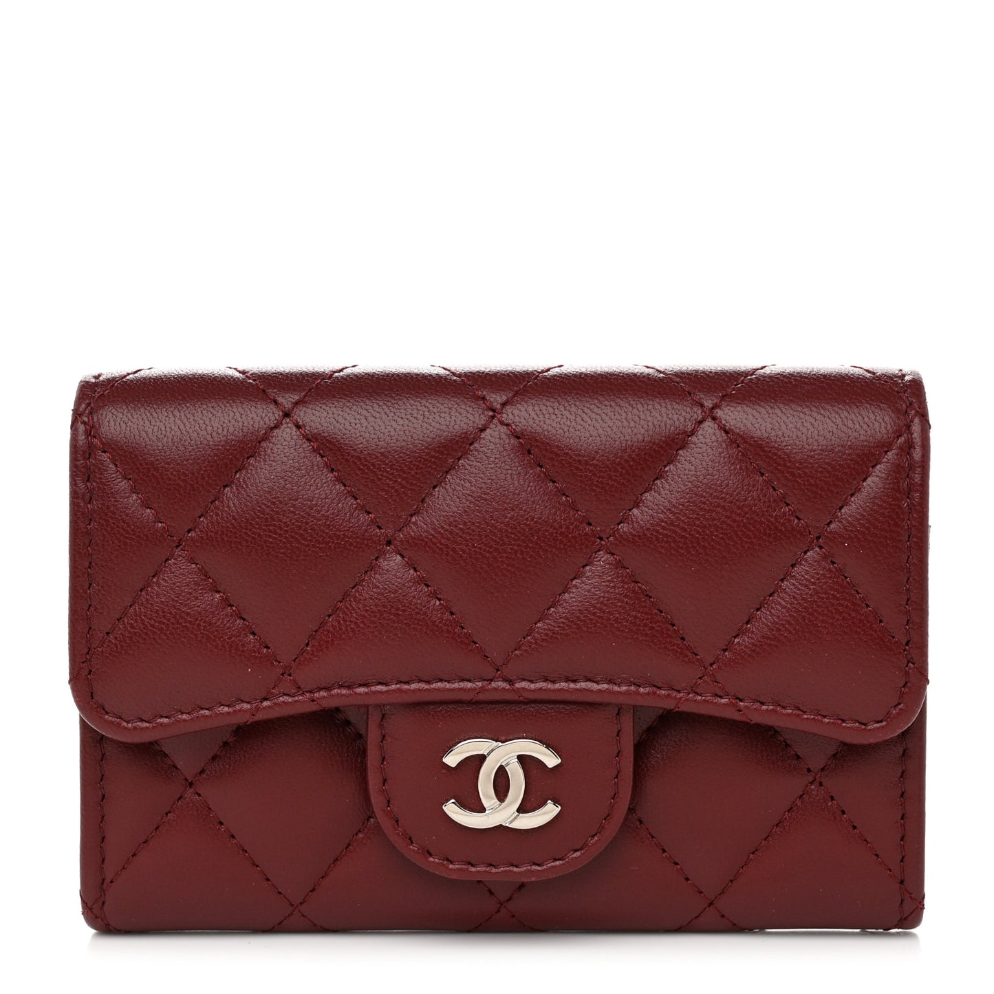Lambskin Quilted Flap Card Holder Wallet Burgundy