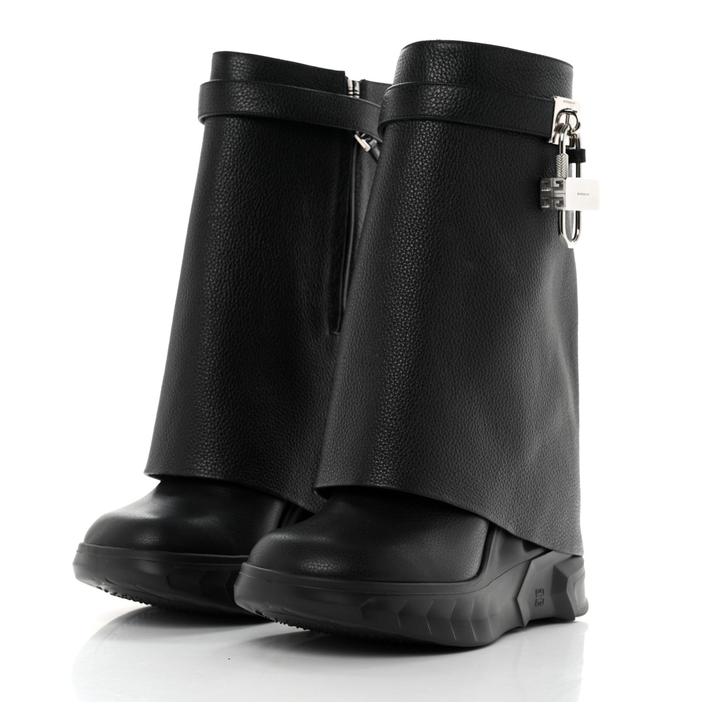 Grained Calfskin Shark Lock Biker Ankle Boots 39 Black
