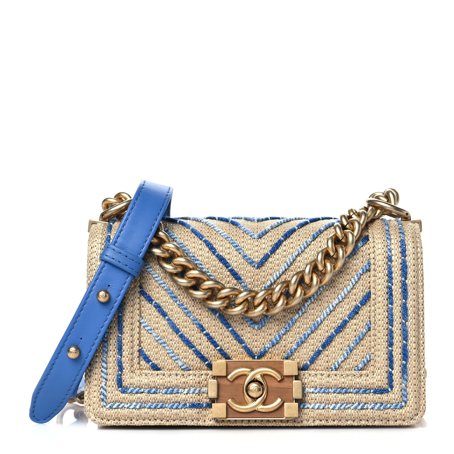 Chanel Cotton Canvas Calfskin Chevron Embroidered Small Boy Flap Beige Blue 1 of 9
