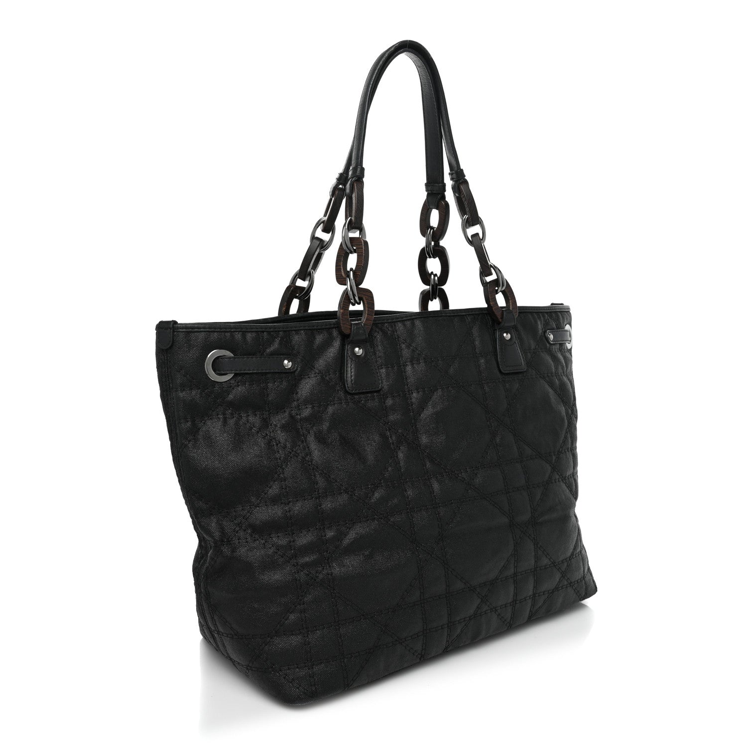 Christian Dior Coated Canvas Cannage Large Panarea Wood Tote Black 3 of 19