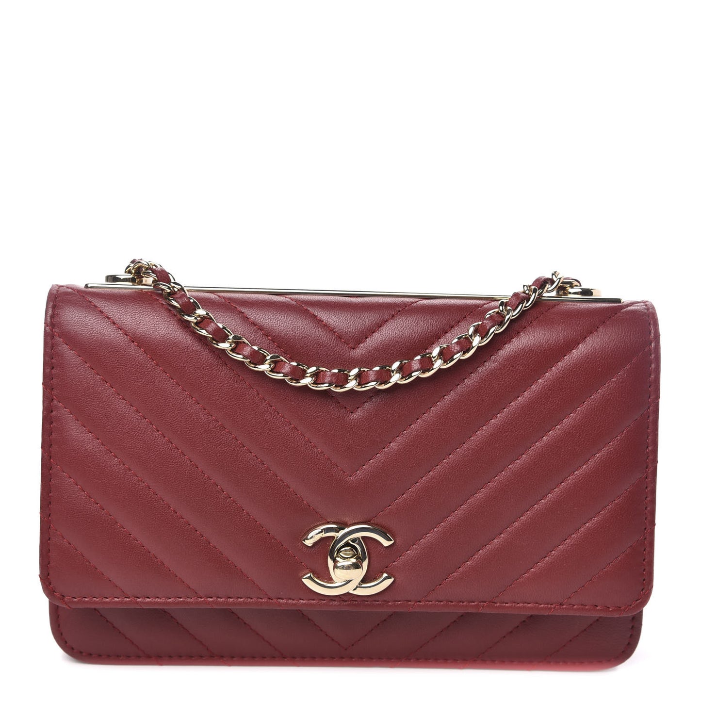 Lambskin Chevron Quilted Tendy CC Wallet On Chain WOC Dark Red