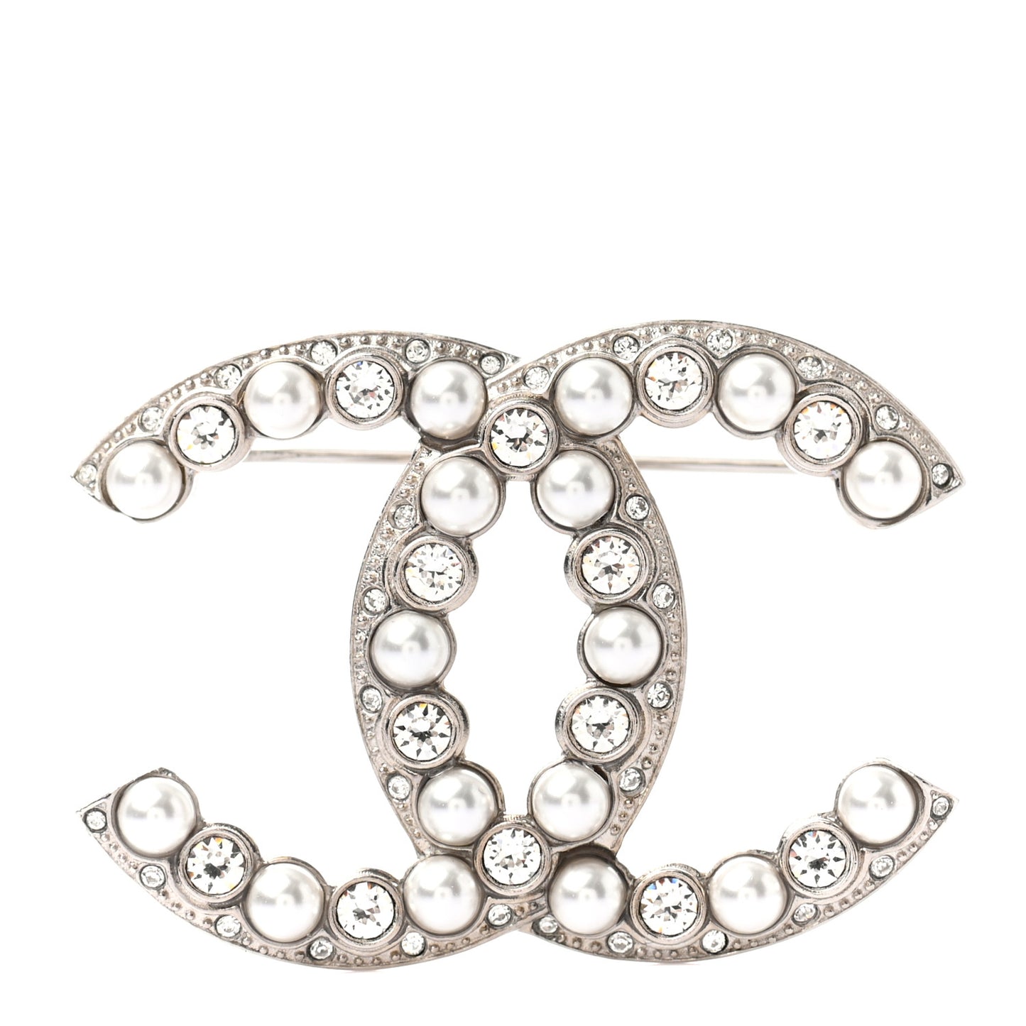 Pearl Crystal CC Brooch Silver