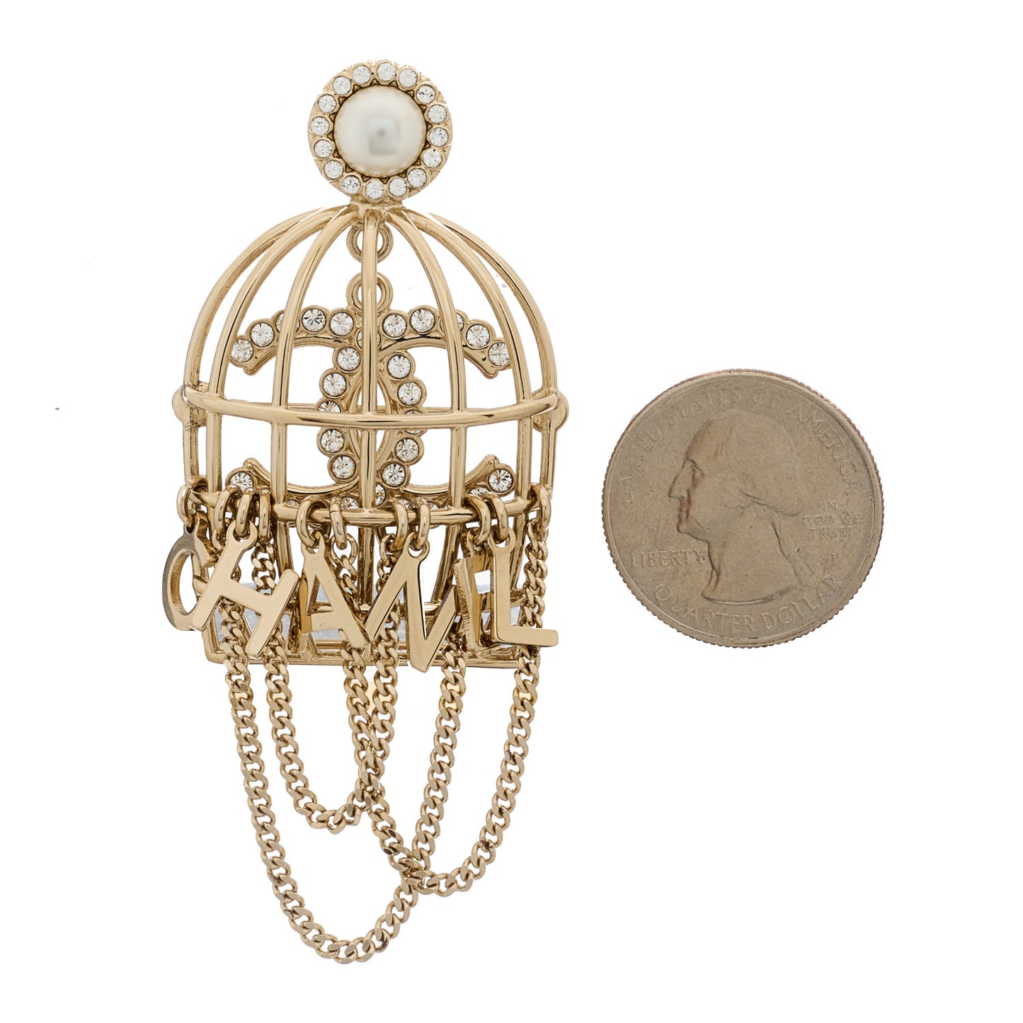 Pearl Crystal Birdcage Pin Brooch Light Gold