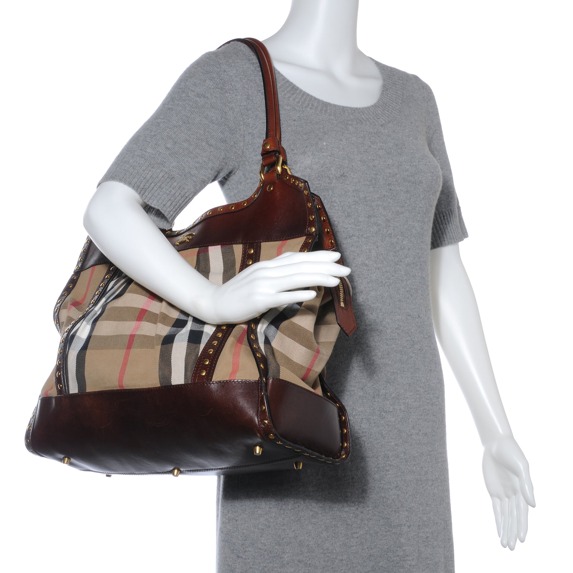 Burberry House Check Studded Large Greenham Tote Dark Tan 2 of 9