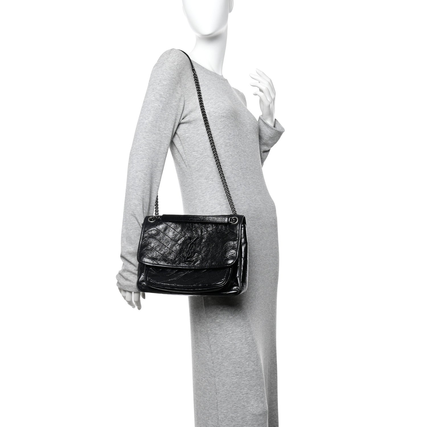 Saint Laurent Crinkled Calfskin Matelasse Monogram Medium Niki Chain Satchel Black 2 of 12