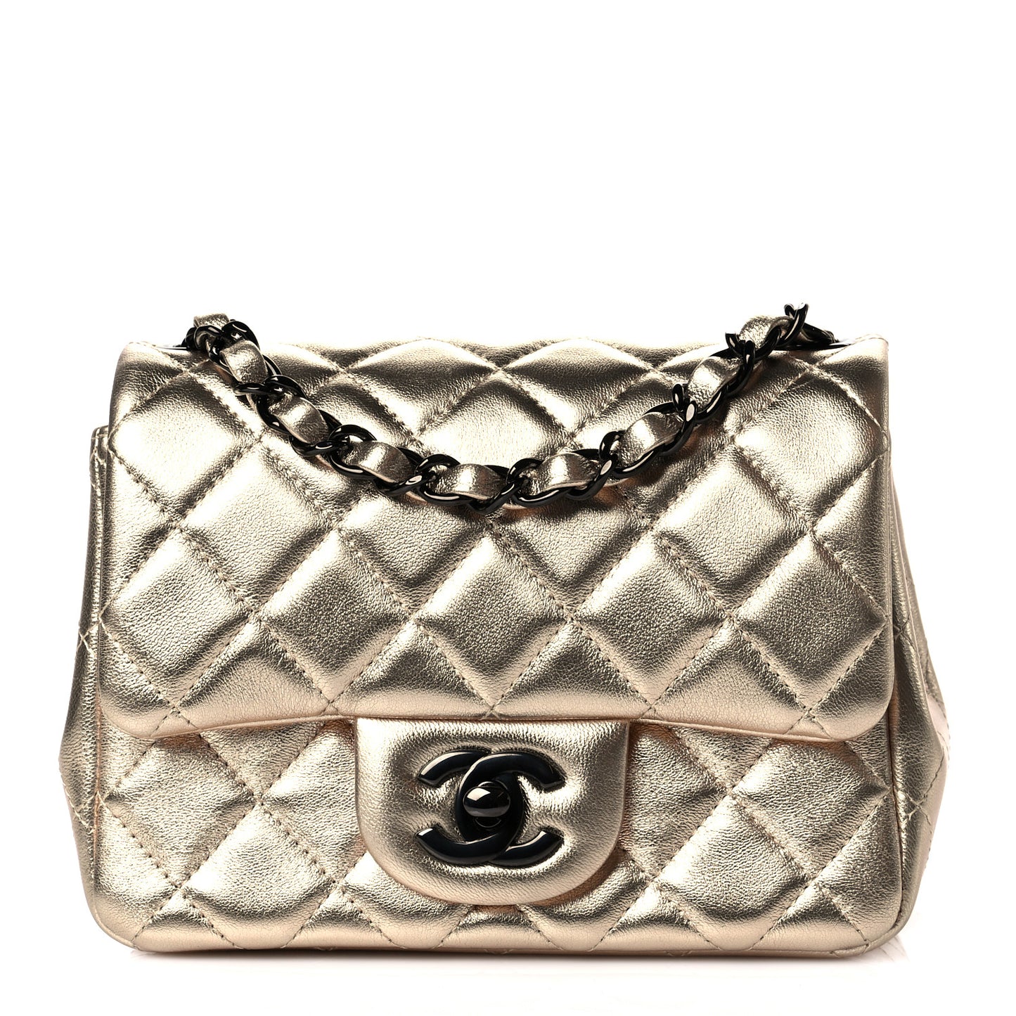 Metallic Lambskin Quilted Mini Square Flap Gold Black