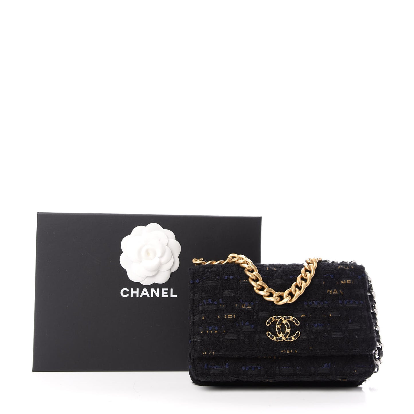 Tweed Quilted Chanel 19 Wallet On Chain WOC Black Navy Gold