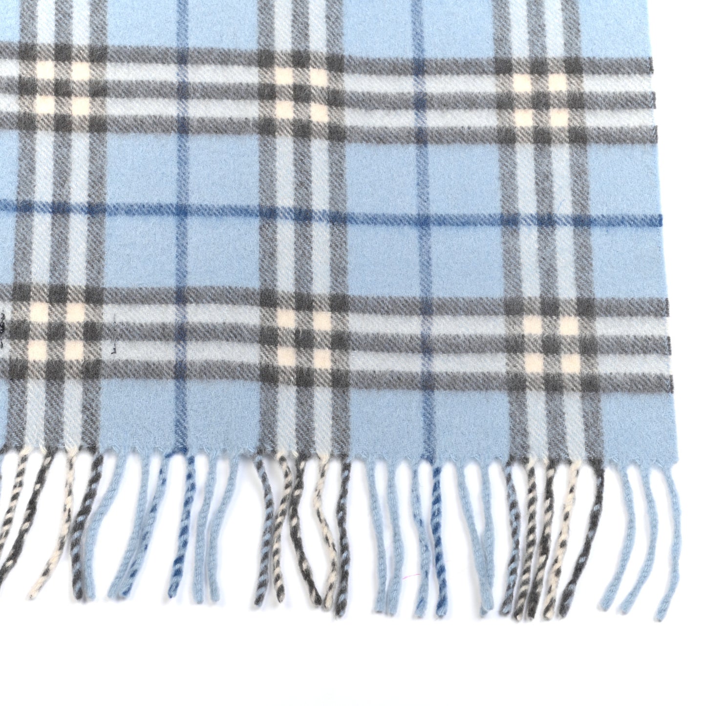 Wool Cashmere House Check Striped Fringe Scarf Blue Grey