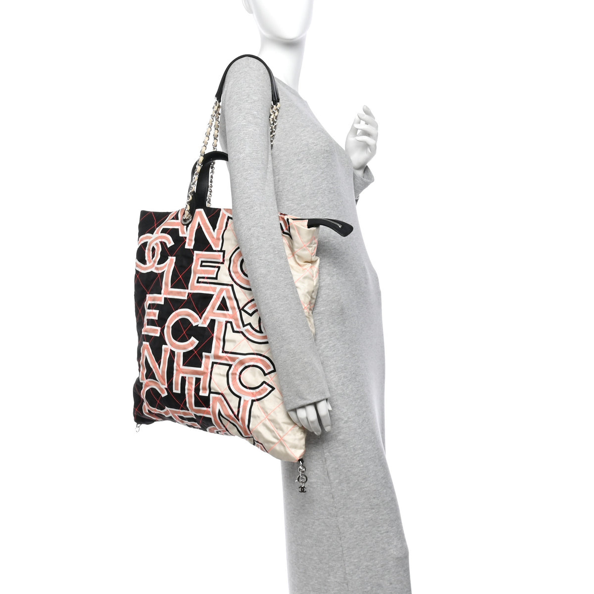 Chanel Nylon Stitched Printed Logo Shopping Bag Black White 4 of 21