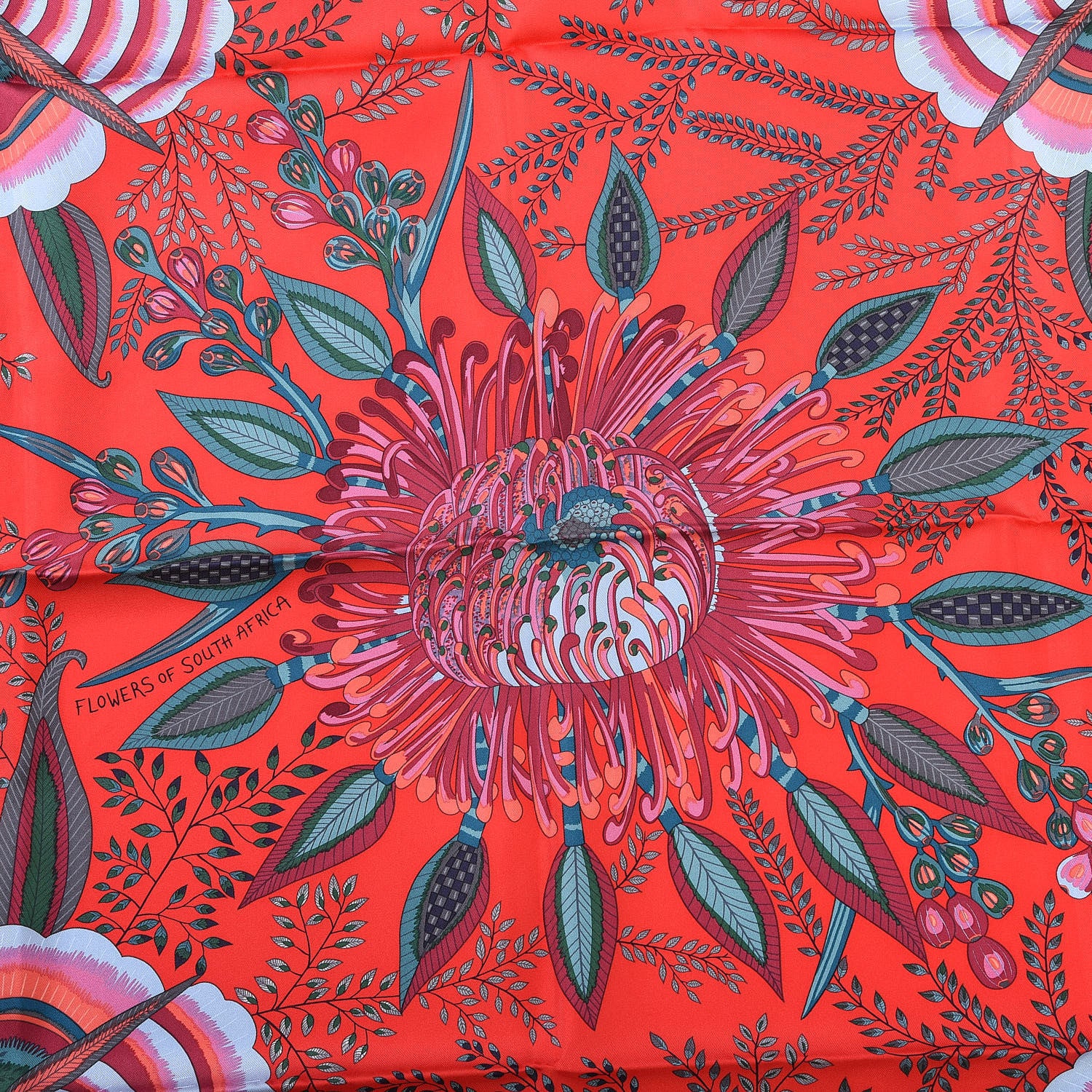 Hermes Silk Flowers of South Africa Scarf 90 Rouge Vert Ciel 4 of 9