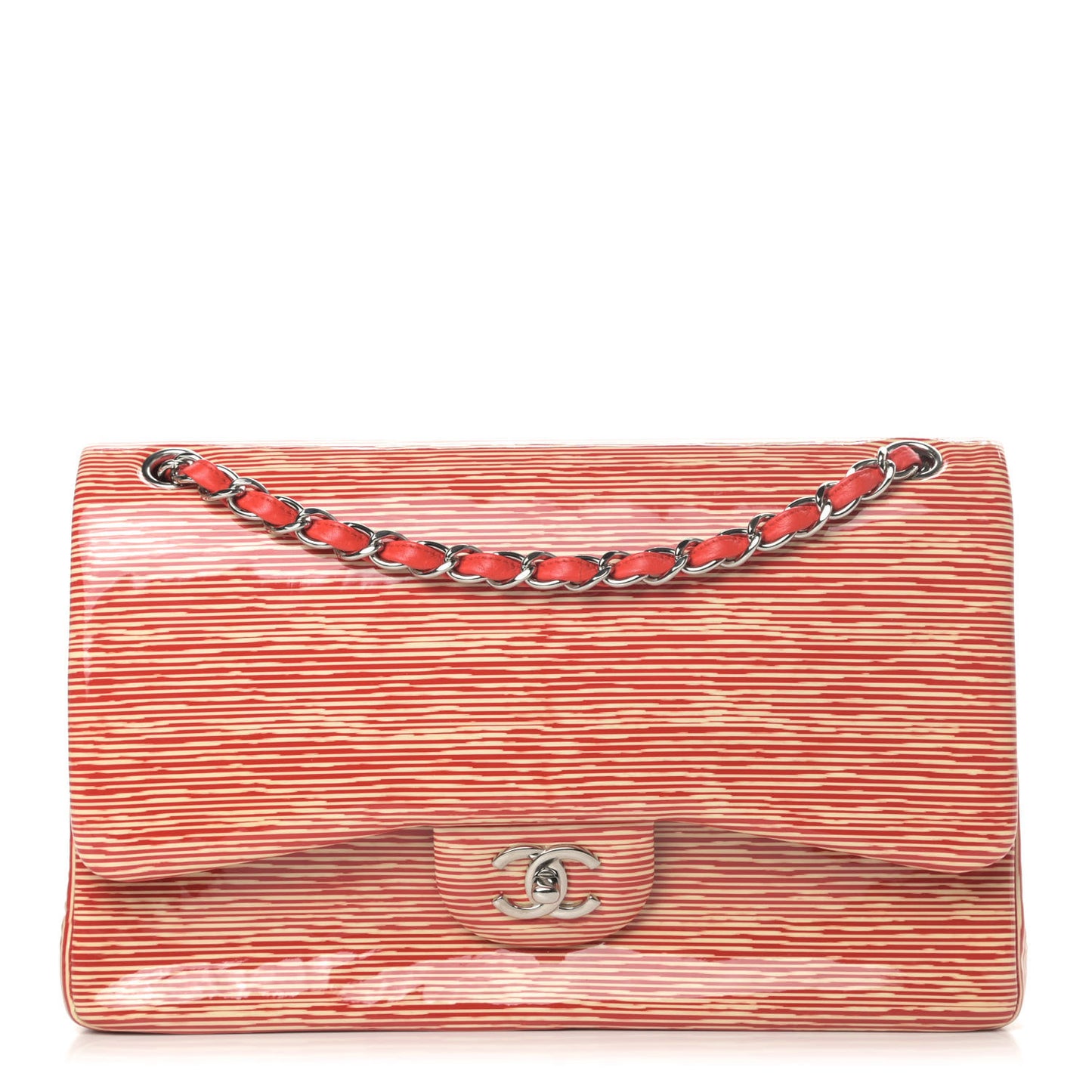Patent Calfskin Striped Jumbo Double Flap Red