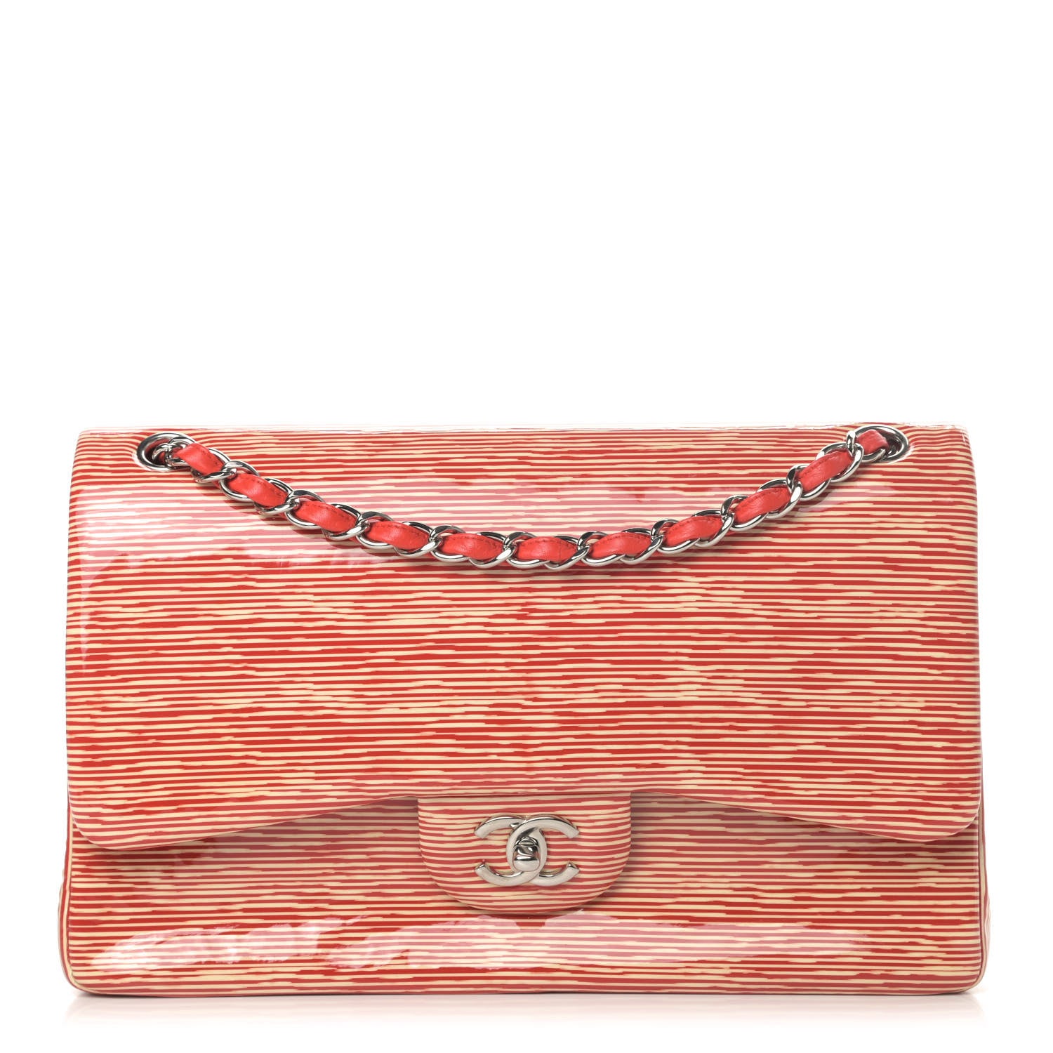 Chanel Patent Calfskin Striped Jumbo Double Flap Red 1 of 5
