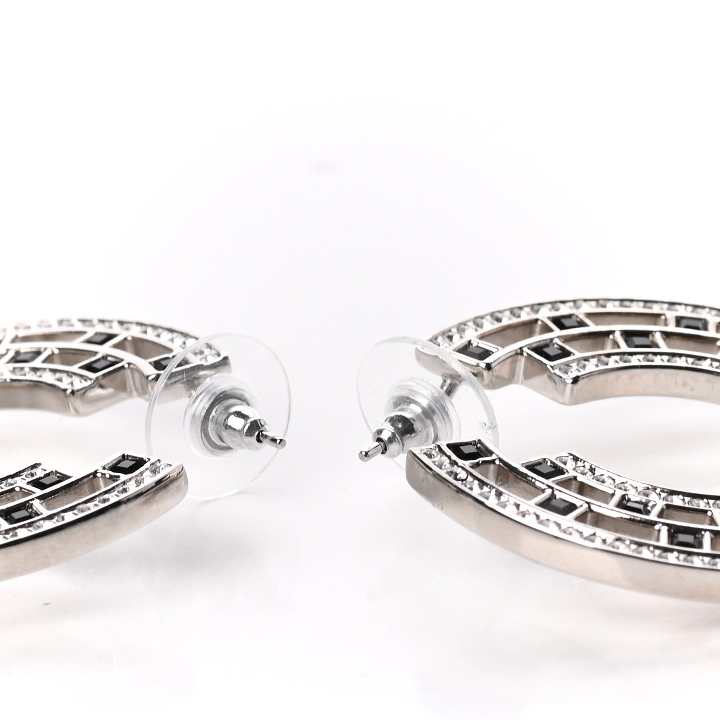 Baguette Crystal CC Hoop Earrings Silver Black