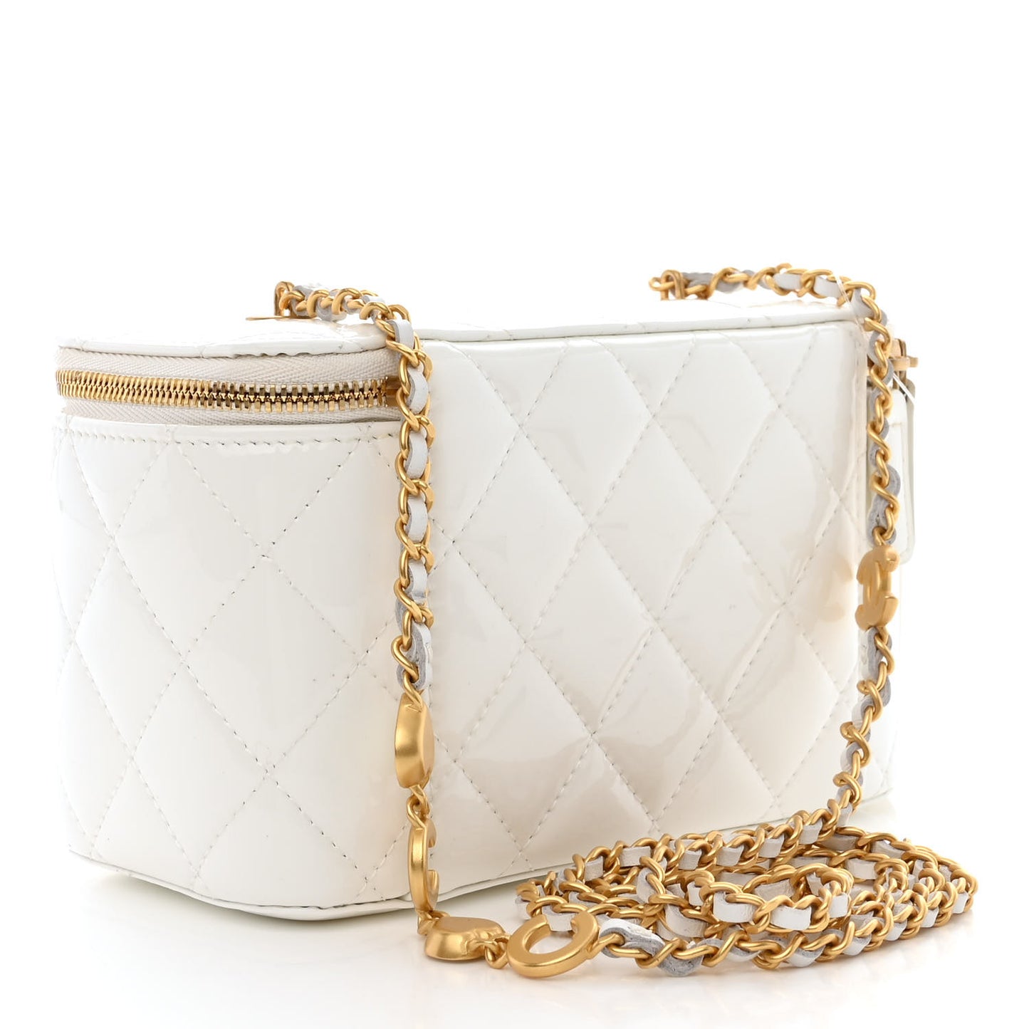 Patent Enamel Quilted Small Coco Hearts Vanity Case With Chain White