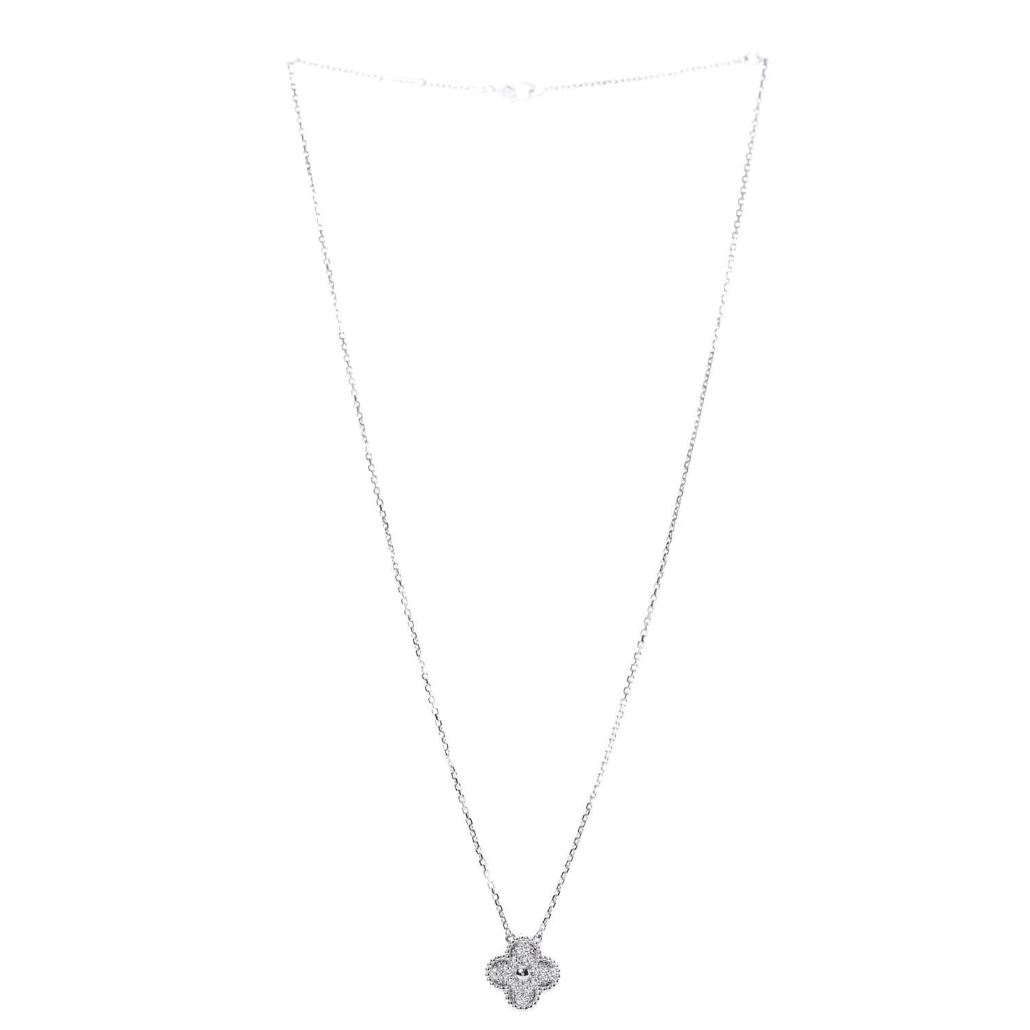 18K White Gold Diamond Vintage Alhambra Pendant Necklace
