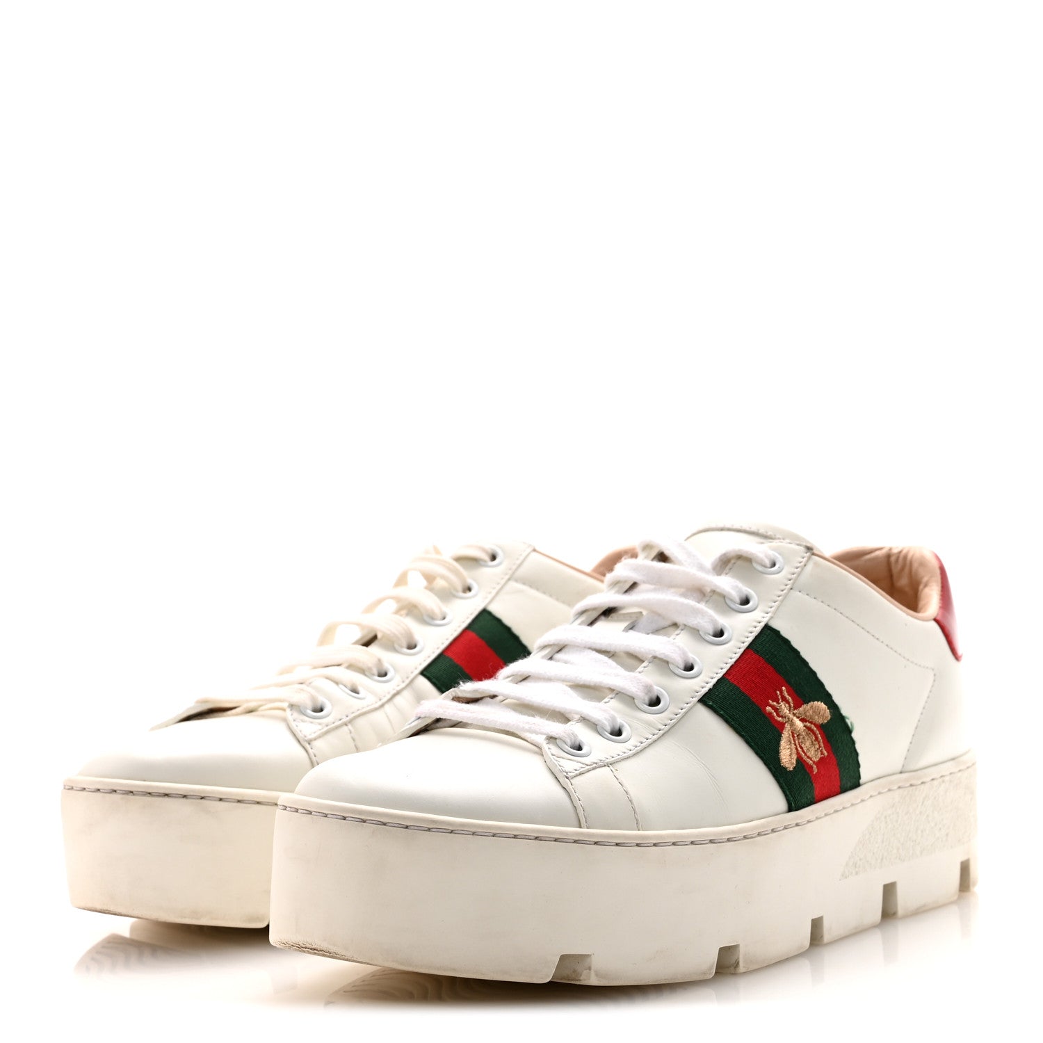 Gucci Calfskin Web Bee Embroidered Womens Ace Platform Sneakers 38.5 White 4 of 9