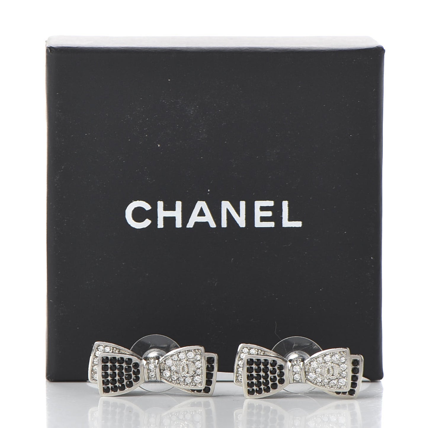 Crystal CC Bow Tie Earrings Black Silver