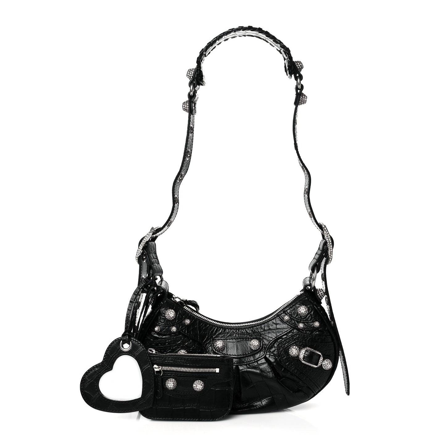 Extra Supple Calfskin Crystal Crocodile Embossed Le Cagole Shoulder Bag XS Black