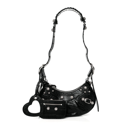 Balenciaga Extra Supple Calfskin Crystal Crocodile Embossed Le Cagole Shoulder Bag XS Black 1 of 10