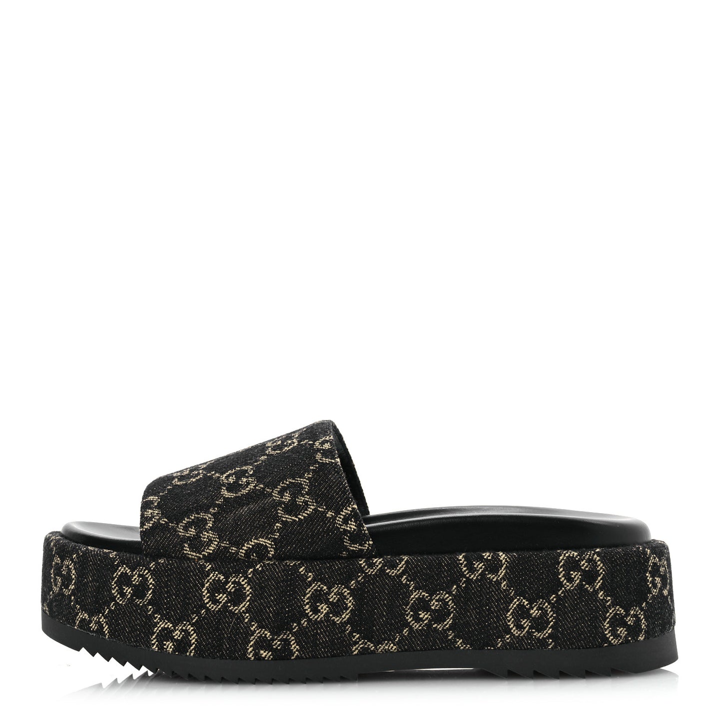 Jacquard Black Denim GG Monogram Angelina Platform 55mm Slide Sandals 35.5 Black Ivory